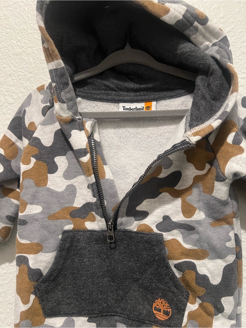 Timberland Kids' Camo Half-Zip Hoodie in Gray, Brown & White